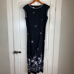 Talbots Womens Black Linen Rayon Butterfly Floral Print Maxi Dress Size 8